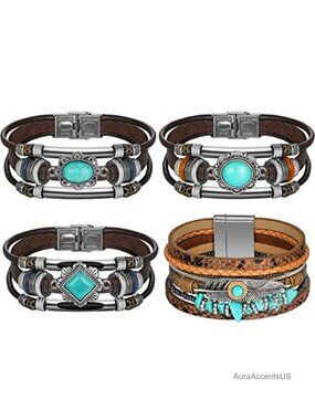 Women's Leather Cuff Bracelets Boho Western Turquoise Magnetic Clasp 4-Pack